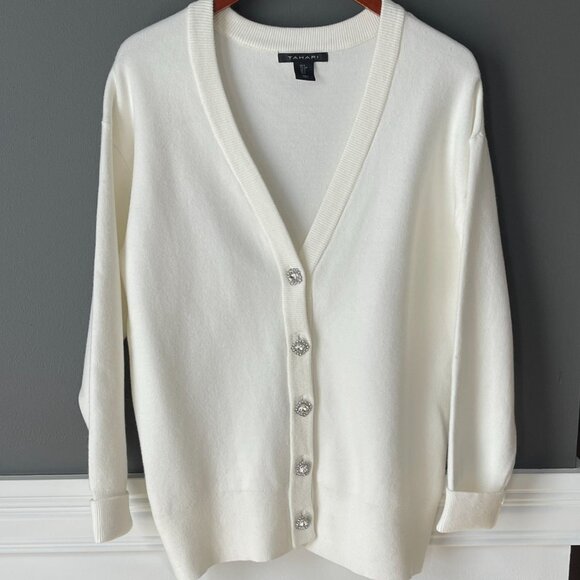 Tahari Winter White Oversize V-neck Stretch Rhinestone Button Cardigan Sweater S - Picture 1 of 7